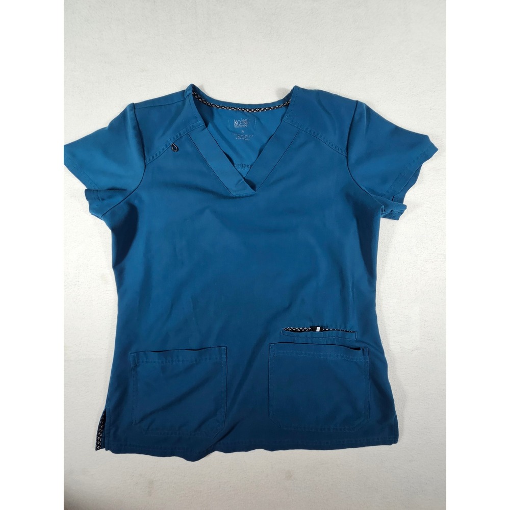 Koi Next Gen Womens Teal Blue‎ V-Neck Scrub Top Short Sleeve Stretch Pockets S